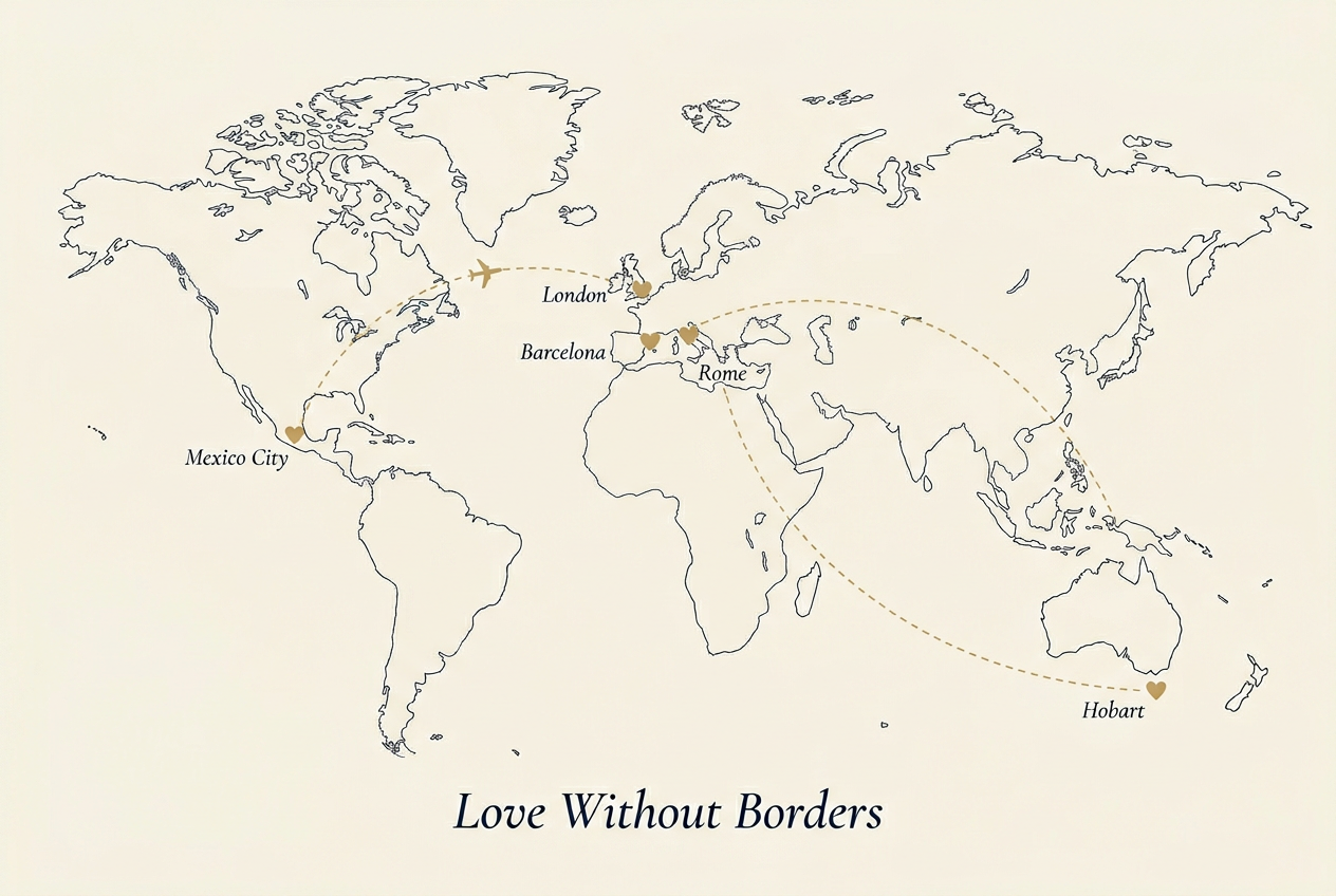 Flight path from Hobart to London to Barcelona to Rome to Mexico City